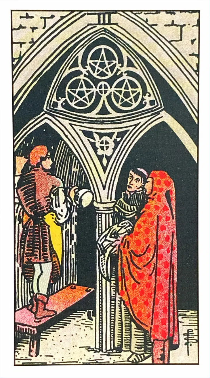 Trois de Deniers - Tarot Rider Waite Smith